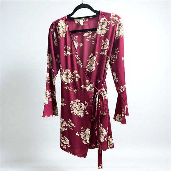 Allison Joy Floral Print Wrap Dress Bell Sleeve Burgundy Mini Small - Picture 1 of 4